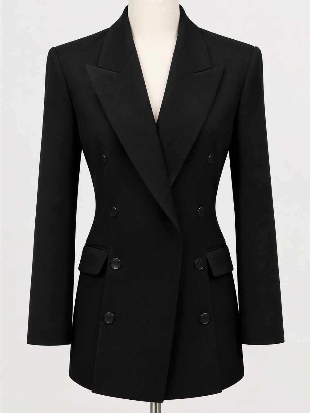 Emblem Vintage Black Wool Blend Double-Breasted Tailored Blazer Peak Lapel Jacke